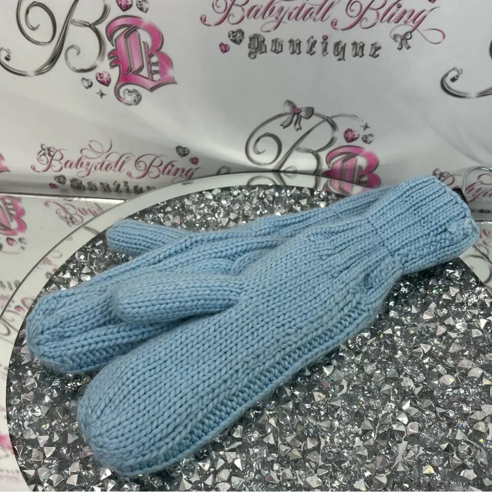 Roots mitts gloves knitted knit crochet warm cozy Light Blue Knit Mittens